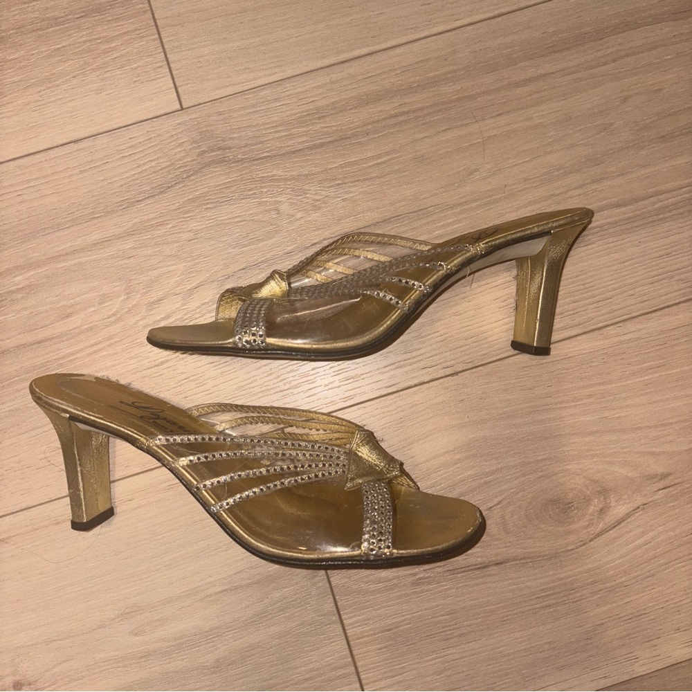 Gold Strappy Rhinestone Kitten Heels